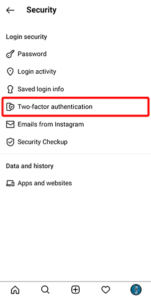 از بخش امنیت گزینه تایید دو مرحله ای اینستاگرام two factor authentication را بزنید