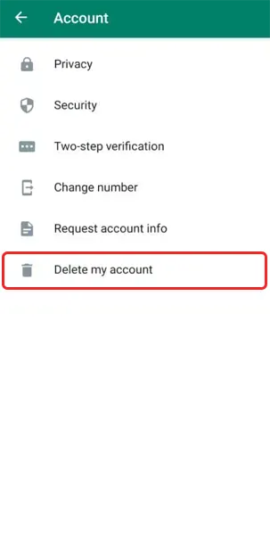 دیلیت اکانت حساب واتس اپ - ورود به بخش حذف اکانت در تنظیمات
